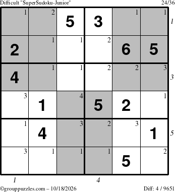 The grouppuzzles.com Difficult SuperSudoku-Junior puzzle for Sunday October 18, 2026 with all 4 steps marked