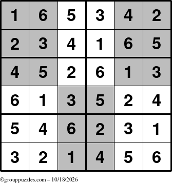 The grouppuzzles.com Answer grid for the SuperSudoku-Junior puzzle for Sunday October 18, 2026
