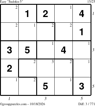 The grouppuzzles.com Easy Sudoku-5 puzzle for Sunday October 18, 2026, suitable for printing, with all 3 steps marked
