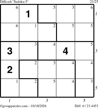 The grouppuzzles.com Difficult Sudoku-5 puzzle for Sunday October 18, 2026, suitable for printing, with all 6 steps marked