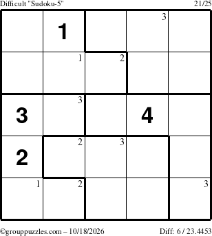 The grouppuzzles.com Difficult Sudoku-5 puzzle for Sunday October 18, 2026 with the first 3 steps marked
