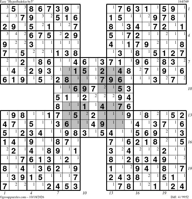 The grouppuzzles.com Easy HyperSudoku-by5 puzzle for Sunday October 18, 2026, suitable for printing, with all 4 steps marked