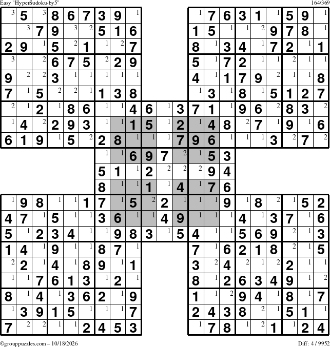 The grouppuzzles.com Easy HyperSudoku-by5 puzzle for Sunday October 18, 2026 with the first 3 steps marked