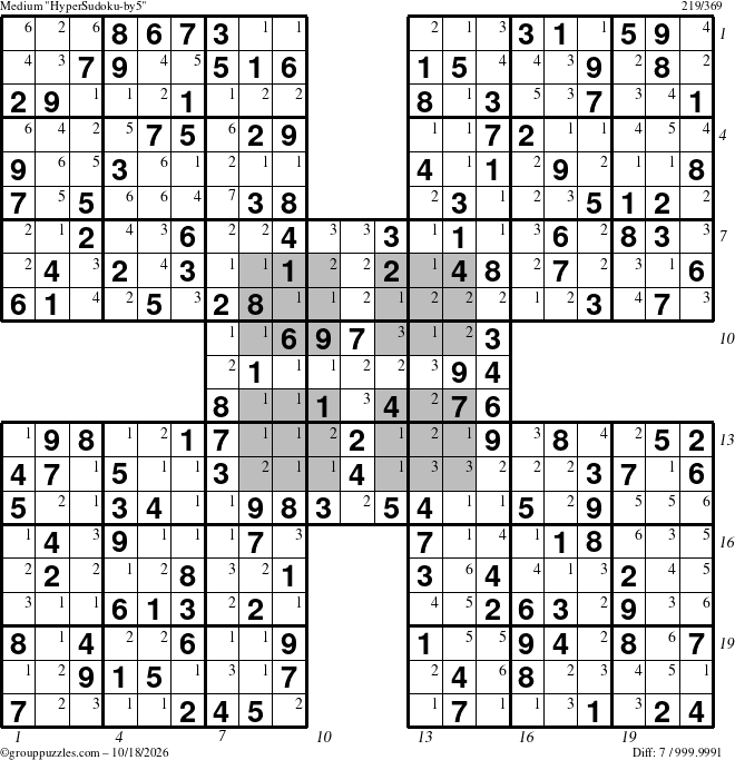 The grouppuzzles.com Medium HyperSudoku-by5 puzzle for Sunday October 18, 2026 with all 7 steps marked