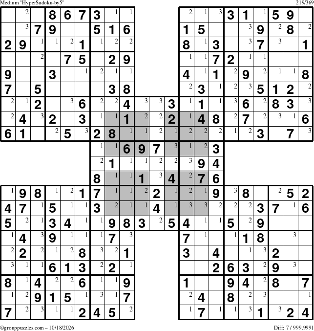 The grouppuzzles.com Medium HyperSudoku-by5 puzzle for Sunday October 18, 2026 with the first 3 steps marked
