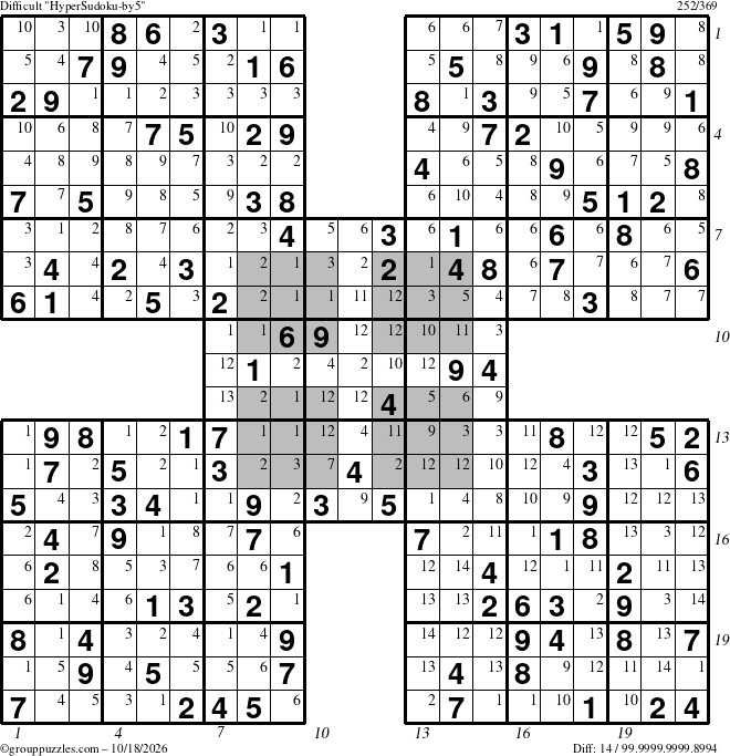 The grouppuzzles.com Difficult HyperSudoku-by5 puzzle for Sunday October 18, 2026 with all 14 steps marked