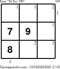 The grouppuzzles.com Easy TicTac-789 puzzle for Sunday October 18, 2026 with all 2 steps marked