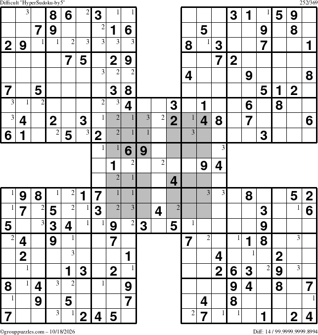 The grouppuzzles.com Difficult HyperSudoku-by5 puzzle for Sunday October 18, 2026 with the first 3 steps marked
