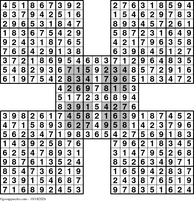 The grouppuzzles.com Answer grid for the HyperSudoku-by5 puzzle for Sunday October 18, 2026