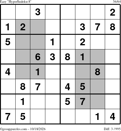 The grouppuzzles.com Easy HyperSudoku-8 puzzle for Sunday October 18, 2026