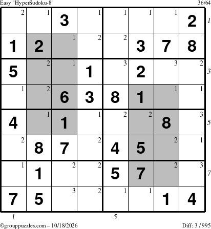The grouppuzzles.com Easy HyperSudoku-8 puzzle for Sunday October 18, 2026, suitable for printing, with all 3 steps marked