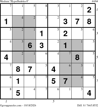 The grouppuzzles.com Medium HyperSudoku-8 puzzle for Sunday October 18, 2026, suitable for printing, with all 8 steps marked