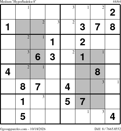 The grouppuzzles.com Medium HyperSudoku-8 puzzle for Sunday October 18, 2026 with the first 3 steps marked