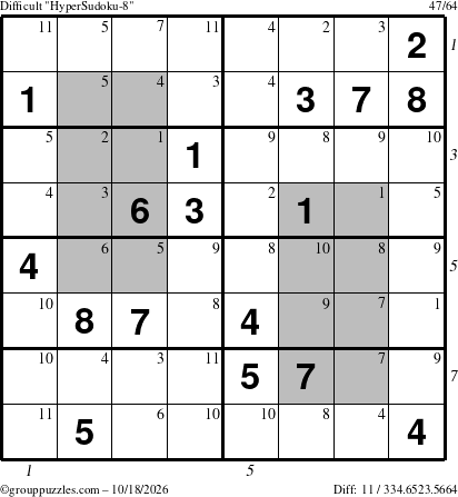 The grouppuzzles.com Difficult HyperSudoku-8 puzzle for Sunday October 18, 2026, suitable for printing, with all 11 steps marked