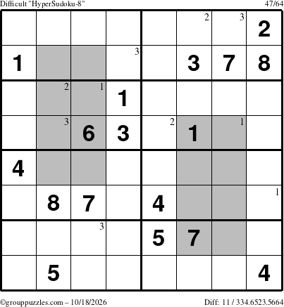 The grouppuzzles.com Difficult HyperSudoku-8 puzzle for Sunday October 18, 2026 with the first 3 steps marked