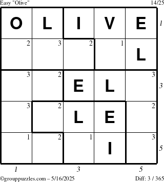 The grouppuzzles.com Easy Olive puzzle for Friday May 16, 2025, suitable for printing, with all 3 steps marked