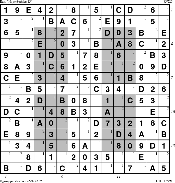 The grouppuzzles.com Easy HyperSudoku-15 puzzle for Friday May 16, 2025, suitable for printing, with all 3 steps marked