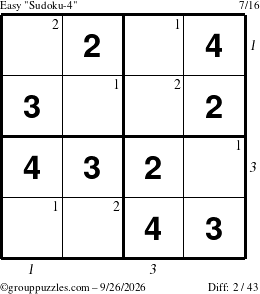 The grouppuzzles.com Easy Sudoku-4 puzzle for Saturday September 26, 2026 with all 2 steps marked
