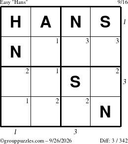 The grouppuzzles.com Easy Hans puzzle for Saturday September 26, 2026 with all 3 steps marked