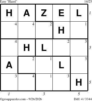 The grouppuzzles.com Easy Hazel puzzle for Saturday September 26, 2026, suitable for printing, with all 4 steps marked