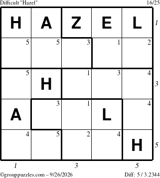 The grouppuzzles.com Difficult Hazel puzzle for Saturday September 26, 2026 with all 5 steps marked