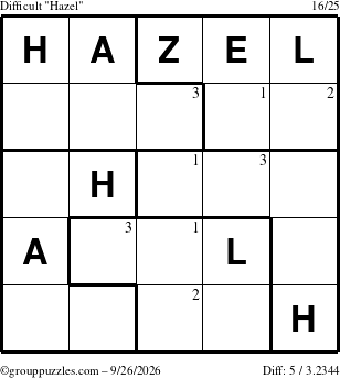 The grouppuzzles.com Difficult Hazel puzzle for Saturday September 26, 2026 with the first 3 steps marked