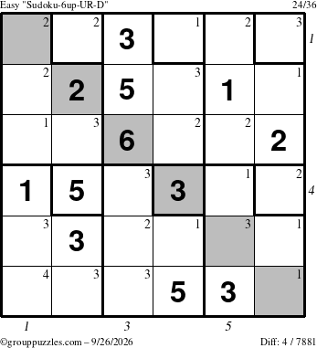 The grouppuzzles.com Easy Sudoku-6up-UR-D puzzle for Saturday September 26, 2026, suitable for printing, with all 4 steps marked