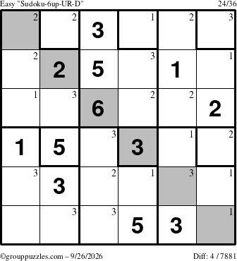 The grouppuzzles.com Easy Sudoku-6up-UR-D puzzle for Saturday September 26, 2026 with the first 3 steps marked
