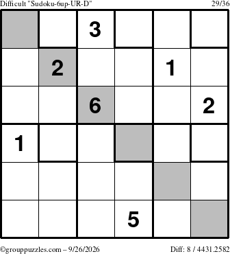 The grouppuzzles.com Difficult Sudoku-6up-UR-D puzzle for Saturday September 26, 2026