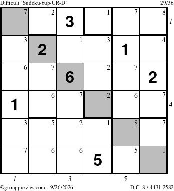 The grouppuzzles.com Difficult Sudoku-6up-UR-D puzzle for Saturday September 26, 2026 with all 8 steps marked
