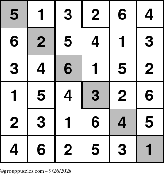 The grouppuzzles.com Answer grid for the Sudoku-6up-UR-D puzzle for Saturday September 26, 2026