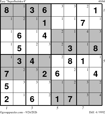 The grouppuzzles.com Easy SuperSudoku-8 puzzle for Saturday September 26, 2026, suitable for printing, with all 4 steps marked