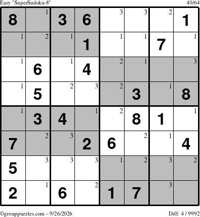 The grouppuzzles.com Easy SuperSudoku-8 puzzle for Saturday September 26, 2026 with the first 3 steps marked