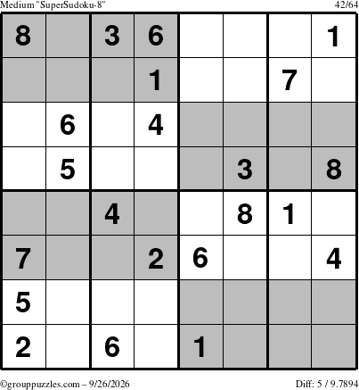 The grouppuzzles.com Medium SuperSudoku-8 puzzle for Saturday September 26, 2026
