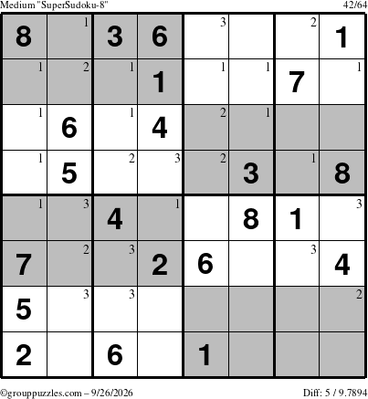 The grouppuzzles.com Medium SuperSudoku-8 puzzle for Saturday September 26, 2026 with the first 3 steps marked