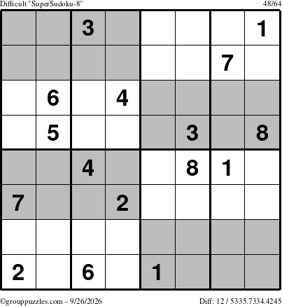 The grouppuzzles.com Difficult SuperSudoku-8 puzzle for Saturday September 26, 2026