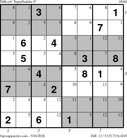 The grouppuzzles.com Difficult SuperSudoku-8 puzzle for Saturday September 26, 2026 with all 12 steps marked