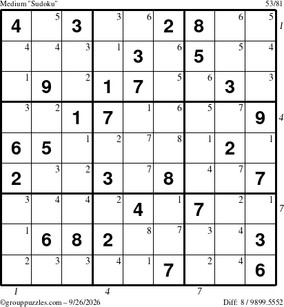 The grouppuzzles.com Medium Sudoku puzzle for Saturday September 26, 2026, suitable for printing, with all 8 steps marked