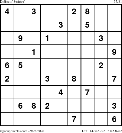 The grouppuzzles.com Difficult Sudoku puzzle for Saturday September 26, 2026