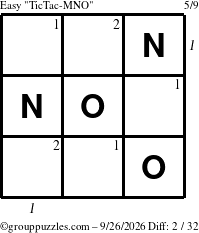 The grouppuzzles.com Easy TicTac-MNO puzzle for Saturday September 26, 2026 with all 2 steps marked