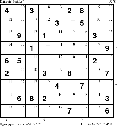 The grouppuzzles.com Difficult Sudoku puzzle for Saturday September 26, 2026, suitable for printing, with all 14 steps marked
