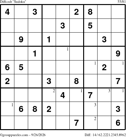 The grouppuzzles.com Difficult Sudoku puzzle for Saturday September 26, 2026 with the first 3 steps marked