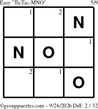 The grouppuzzles.com Easy TicTac-MNO puzzle for Saturday September 26, 2026 with the first 2 steps marked