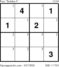 The grouppuzzles.com Easy Sudoku-4 puzzle for Tuesday April 21, 2026 with the first 3 steps marked