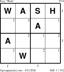 The grouppuzzles.com Easy Wash puzzle for Tuesday April 21, 2026, suitable for printing, with all 3 steps marked