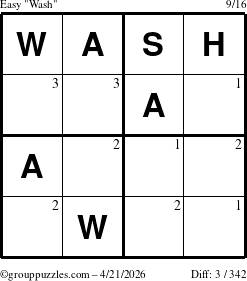 The grouppuzzles.com Easy Wash puzzle for Tuesday April 21, 2026 with the first 3 steps marked