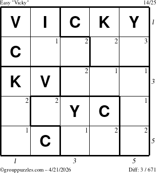 The grouppuzzles.com Easy Vicky puzzle for Tuesday April 21, 2026 with all 3 steps marked