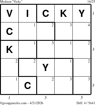 The grouppuzzles.com Medium Vicky puzzle for Tuesday April 21, 2026, suitable for printing, with all 4 steps marked