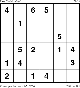 The grouppuzzles.com Easy Sudoku-6up puzzle for Tuesday April 21, 2026