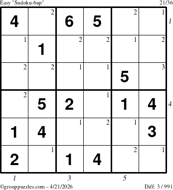 The grouppuzzles.com Easy Sudoku-6up puzzle for Tuesday April 21, 2026, suitable for printing, with all 3 steps marked